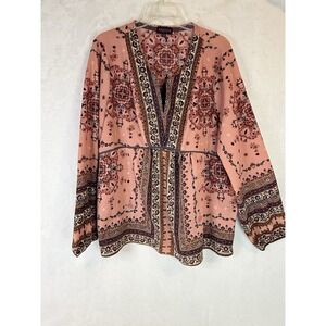 Artesia Boho Peasant Blouse Pink Medallion Print Bell Sleeve Tunic Top XL